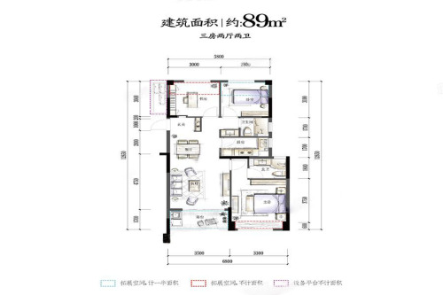 华夏四季高层G1户型89方-3室2厅2卫1厨建筑面积89.00平米