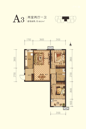 想象国际北7#标准层A3户型-2室2厅1卫1厨建筑面积89.90平米