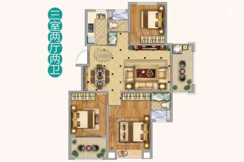 中南山锦花城E户型-E户型-3室2厅2卫1厨建筑面积96.00平米