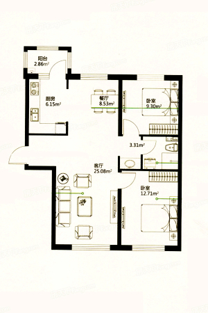 哈西骏赫城B1+户型-2室2厅1卫1厨建筑面积98.00平米