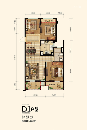金地艺境88方D1户型-3室2厅1卫1厨建筑面积88.00平米