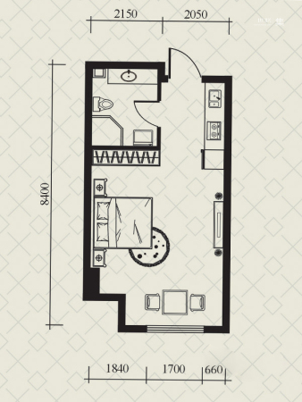 瀚邦凤凰传奇公寓G2户型-1室1厅1卫1厨建筑面积47.45平米