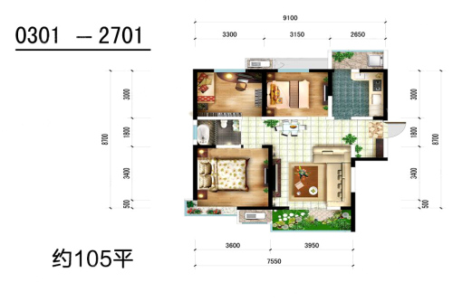 恒基碧翠锦华01户型-3室2厅2卫1厨建筑面积105.00平米