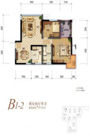 棠湖清江花语一期B1-2户型标准层-2室2厅1卫1厨建筑面积87.61平米