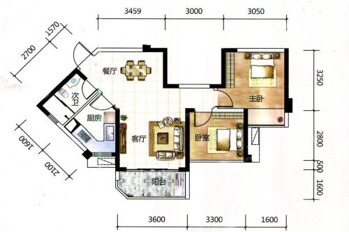 大唐听海二期C户型-2室2厅1卫1厨建筑面积67.00平米