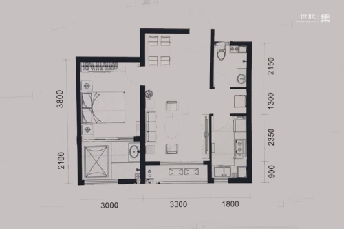 红豆杉温泉花园C2户型67平-1室2厅1卫1厨建筑面积67.00平米