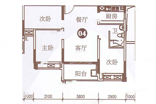 德瑞花园6栋04户型-3室2厅1卫1厨建筑面积88.00平米