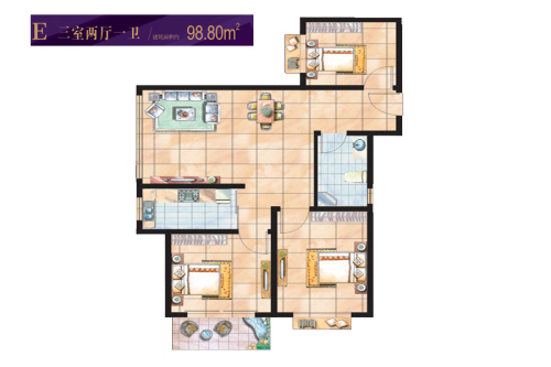 紫境城二期E户型-3室2厅1卫1厨建筑面积98.80平米