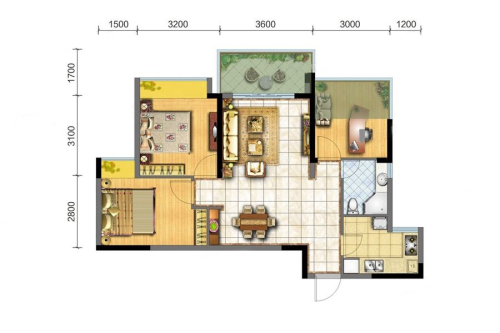 格林城市花园3期1#标准层D户型-3室2厅1卫1厨建筑面积84.00平米