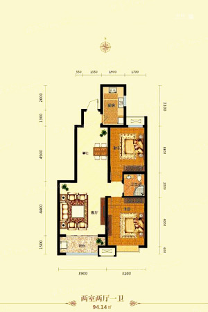 紫御澜湾8#10#15#C2户型-2室2厅1卫1厨建筑面积94.14平米