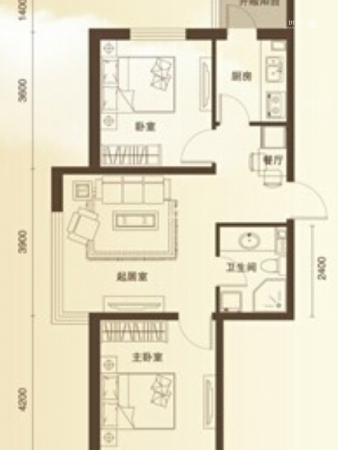 假日名居C2户型-2室2厅1卫1厨建筑面积77.83平米