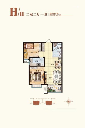 华普城2区1#标准层H户型-2室2厅1卫1厨建筑面积85.00平米