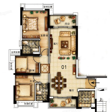 雅居乐剑桥郡城家1-3幢01户型-3室2厅2卫1厨建筑面积120.00平米