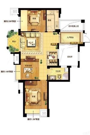 理想康城国际B2户型-2室2厅1卫1厨建筑面积89.00平米
