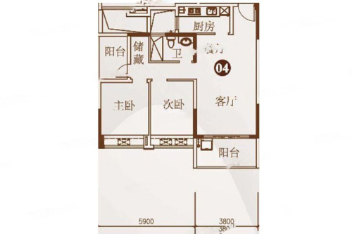 德瑞花园1栋04户型-2室2厅1卫1厨建筑面积87.00平米