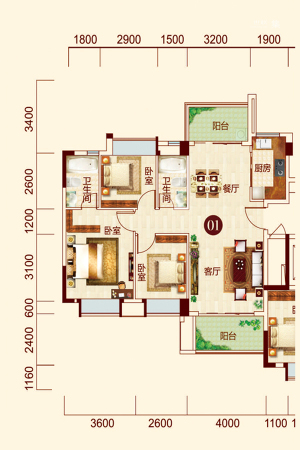 日华坊二期1幢01户型-3室2厅2卫1厨建筑面积113.00平米