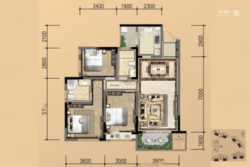 葛洲坝紫郡蘭园项目B户型-3室2厅2卫1厨建筑面积101.00平米