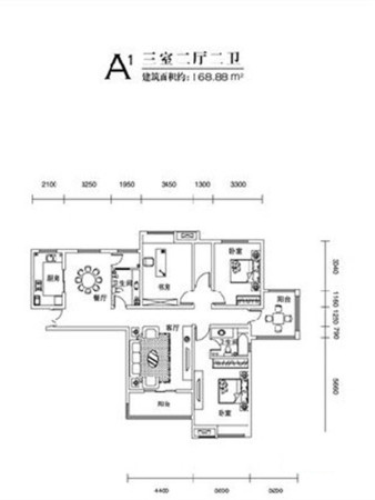 东晋桃源·缙福源14号楼A1户型-3室2厅2卫1厨建筑面积168.88平米