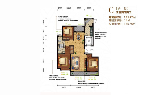 赫世名门标准层C户型-3室2厅2卫1厨建筑面积121.76平米