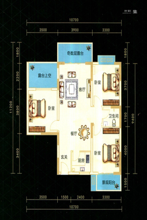 九悦廷A1户型-3室2厅1卫1厨建筑面积106.90平米