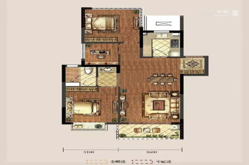 中建国熙台一期标准栋标准层88㎡户型-3室2厅1卫1厨建筑面积88.00平米