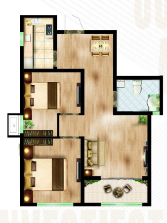 卢浮公寓D-1地块公寓F户型-2室1厅1卫1厨建筑面积67.80平米