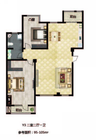 长堤湾Y3-01户型-2室2厅1卫1厨建筑面积105.00平米