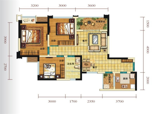 蓉垚北尚城一期2号楼标准层B1户型-3室2厅1卫1厨建筑面积82.00平米