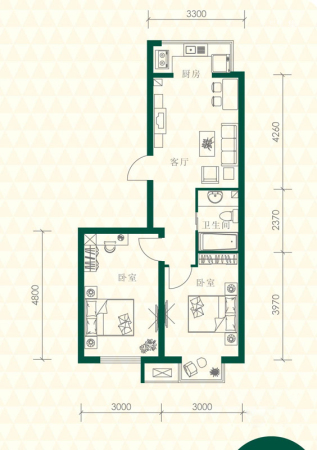 丽江苑L2户型-2室1厅1卫1厨建筑面积63.00平米