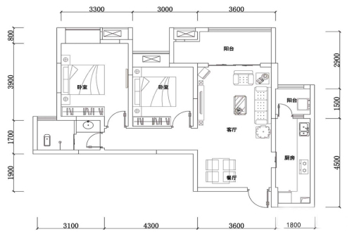 同创芳华美地一期4栋标准层B户型-2室2厅1卫1厨建筑面积88.00平米