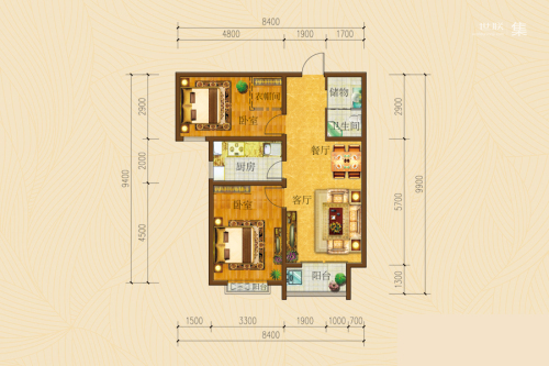 天伦锦城三期标准层B户型-2室2厅1卫1厨建筑面积86.69平米
