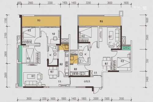 嘉源红郡6#标准层A3户型-5室4厅2卫2厨建筑面积179.10平米