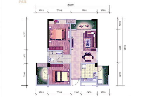 湟普国际湟座一期7号楼标准层A1户型-2室2厅1卫1厨建筑面积84.00平米