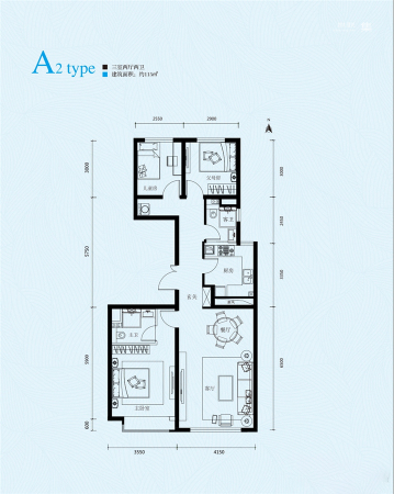 西山甲一号A2户型-3室2厅2卫1厨建筑面积115.00平米