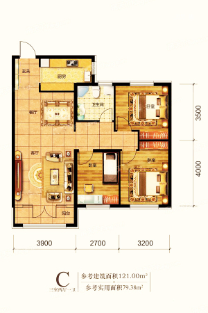 西雅图水岸C户型-3室2厅1卫1厨建筑面积121.00平米