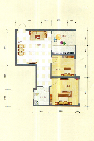 中泰名园9-1-07户型-2室2厅1卫1厨建筑面积64.39平米
