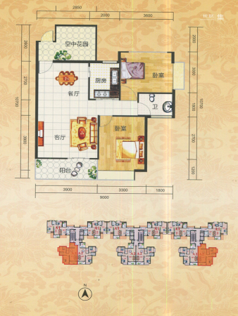 大山现代城3#A2户型-2室2厅1卫1厨建筑面积89.17平米