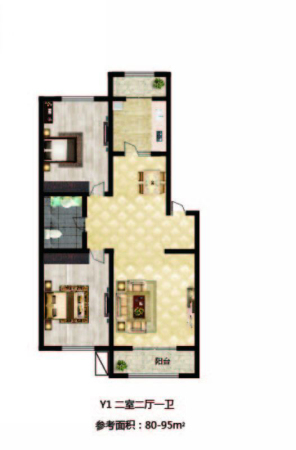 长堤湾Y1-01户型-2室2厅1卫1厨建筑面积95.00平米