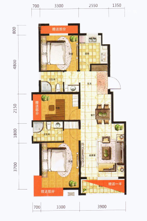 格林木棉花99.63户型-3室2厅2卫1厨建筑面积99.63平米