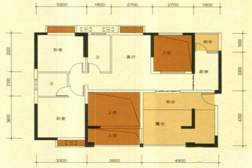 海悦华府一期3#、5#、7#、9#楼C1户型-2室1厅2卫1厨建筑面积88.32平米