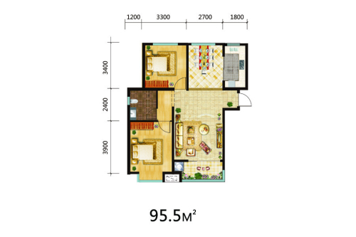 氧派湾标准层B户型-2室2厅1卫1厨建筑面积95.50平米