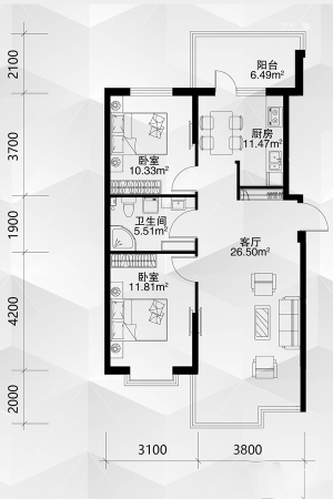 恒祥空间6、7#户型-2室1厅1卫1厨建筑面积103.87平米