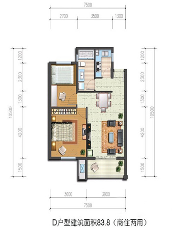 金盛田·锦上一期标准层D户型-2室2厅1卫1厨建筑面积83.80平米