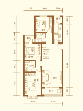 地润新城标准层B-4户型-3室2厅2卫1厨建筑面积125.99平米