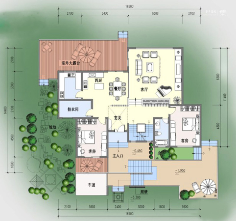 紫薇山庄D户型一层平面图-2室2厅1卫2厨建筑面积149.10平米