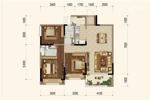 太行瑞宏朗诗金沙城4、7、8、9栋B2户型-3室2厅2卫1厨建筑面积110.00平米