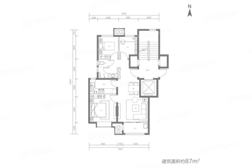 远洋仕家87平A户型-3室2厅1卫1厨建筑面积87.00平米