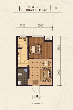 硕辉蓝堡湾E户型-1室1厅1卫1厨建筑面积49.40平米
