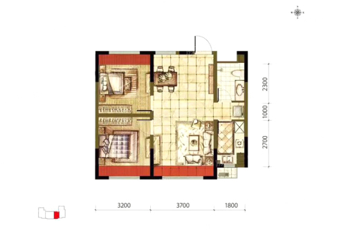 新湖青蓝国际3期B2户型-2室2厅1卫1厨建筑面积79.71平米