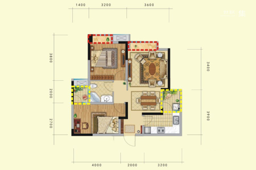 中铁天宏康郡1期3栋标准层E户型-2室2厅1卫1厨建筑面积73.00平米